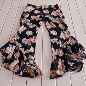 Crop Floral Stretch Bell Ruffle Pants Size Medium